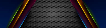 Futuristic technology background with colorful neon glowing lines. Vector banner perforated designのイラスト素材