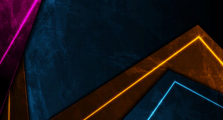 Colorful neon laser lines. Abstract grunge tech graphic design. Old luminous wall concrete texture. Vector glowing backgroundのイラスト素材