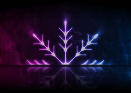 Neon blue purple snowflake on grunge wall background. Vector Christmas designのイラスト素材