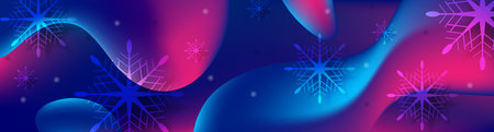 Blue and purple Christmas snowflakes background with liquid wavy shapes. Vector banner designのイラスト素材