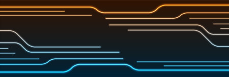 Glowing blue orange neon circuit board lines abstract banner design. Technology vector backgroundのイラスト素材