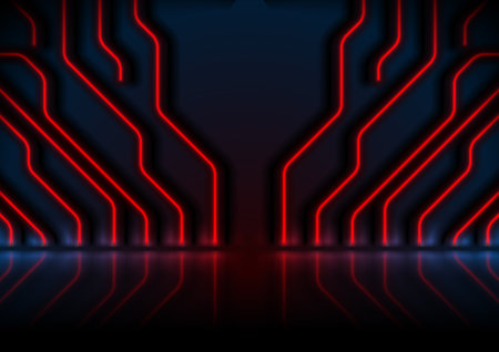 Blue and red neon circuit board technology background. Futuristic glowing vector designのイラスト素材