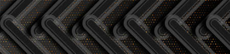 Black geometric stripes and golden dots abstract banner. Tech vector background