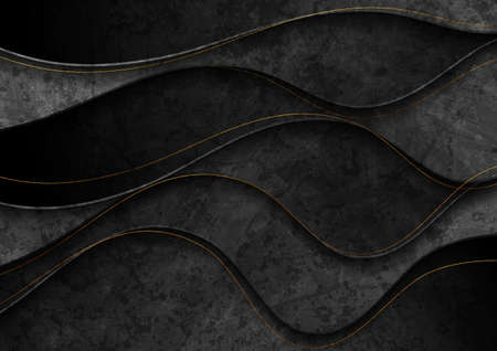 Black grunge corporate abstract wavy background with golden lines. Vector illustrationのイラスト素材