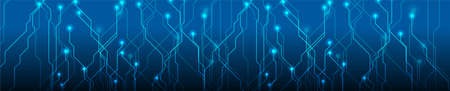 Abstract neon blue tech circuit board lines sci-fi banner design. Futuristic computer chip background. Vector glowing illustrationのイラスト素材