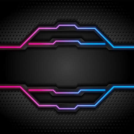 Futuristic perforated technology abstract background with blue purple neon glowing lines. Vector designのイラスト素材