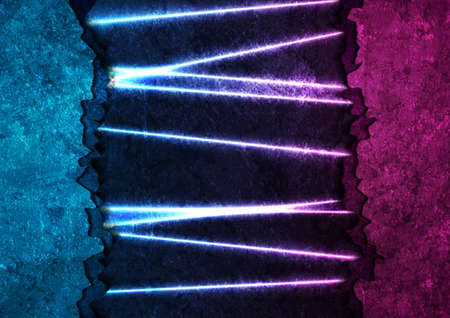 Blue and purple grunge broken concrete wall with neon lines abstract background. Vector design