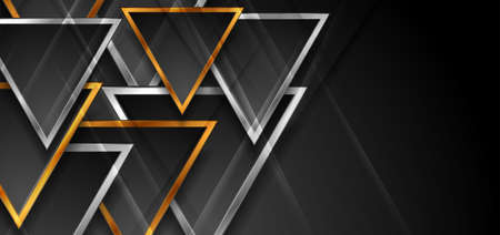 Golden and silver glossy triangles abstract dark technology background. vector designのイラスト素材