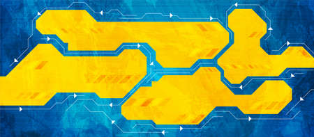 Blue and yellow grunge hi-tech abstract circuit board background. vector futuristic design