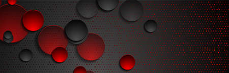 Red black abstract geometric background with circles and glitter dots. vector banner designのイラスト素材