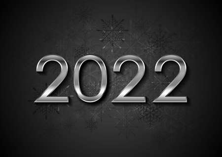 Silver metallic New Year 2022 lettering and black snowflakes abstract background. Winter holiday Christmas vector designのイラスト素材