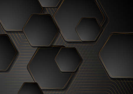 Luxury glitter geometric abstract background with black golden hexagons. vector illustrationのイラスト素材