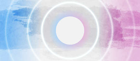 Blue pink grunge pastel background with neon circles. Geometry retro vector design
