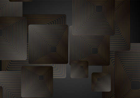 Black abstract background with squares and golden linear pattern. Art deco ornament vector design