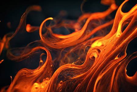 Orange flames on a black background. Fiery glowing waves. Generative AI technologyの素材