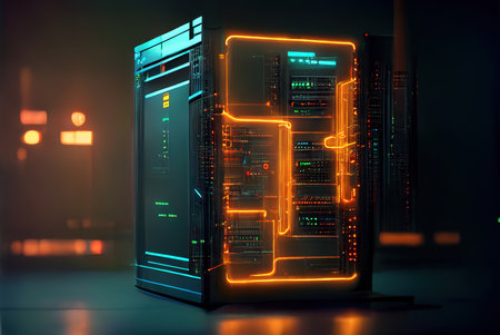 Hi-tech data storage server rack, neon computing design. Generative AI technologyの素材