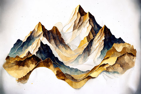Grunge watercolor mountains landscape with golden color. Generative AI technologyの素材