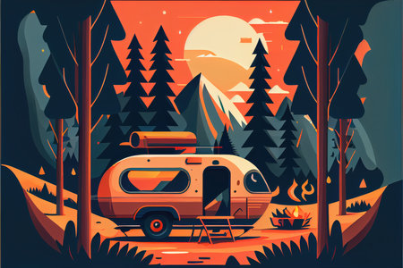 Flat design of camping van in the forest. Generative AI designの素材