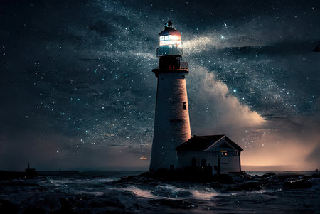 Lighthouse on the shore against the background of the starry sky. Generative AI designの素材