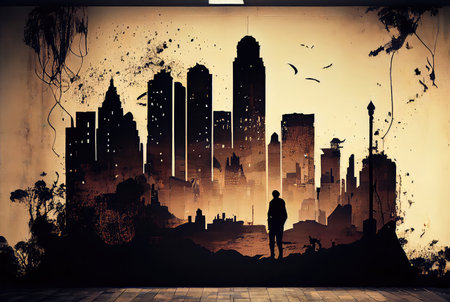 Mural with lonely figure and grunge city, graffiti style. Generative AI designの素材