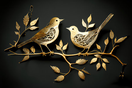 Golden birds on a branch with leaves. Generative AI designの素材