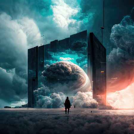 Futuristic landscape with lonely figure and concept building. Generative AI drawingの素材