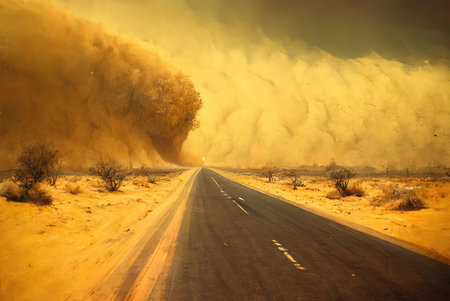 Desert landscape with a sandstorm and road. Generative AI designの素材