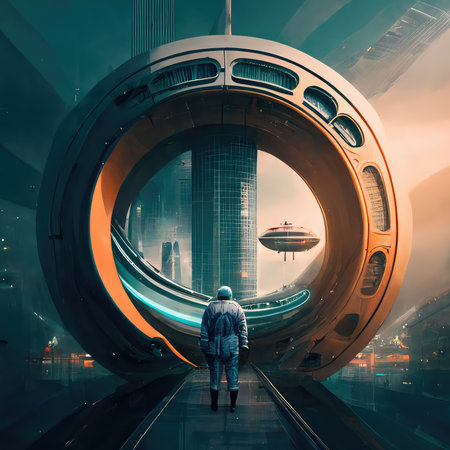 Future urban landscape with lonely figure and concept circle arch. Generative AI drawingの素材
