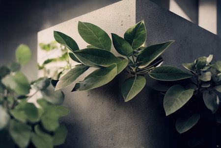 Gray concrete rough abstract background with green leaves and branches. Generative AI designの素材