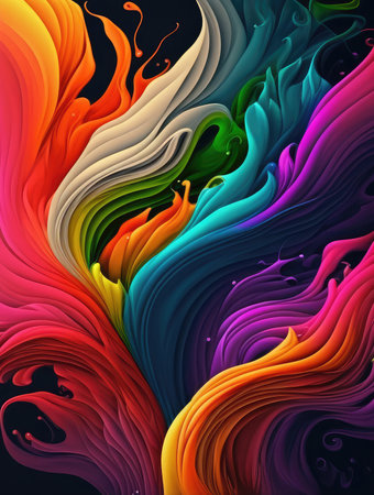Rainbow liquid paints on black background. Generative AI drawingの素材