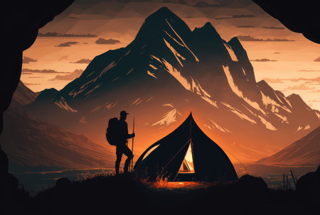 Man with tourist backpack, tent and mountains abstract flat background. Generative AI designの素材