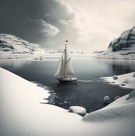 Sailboat in the winter snowy sea. Generative AI designの素材