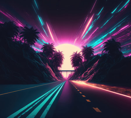 Retro neon landscape with road. Generative AI designの素材