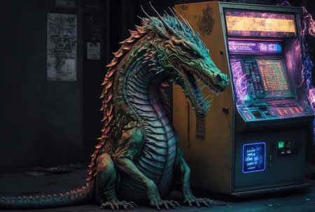 Chinese dragon and cryptomat on the street. Generative AI designの素材