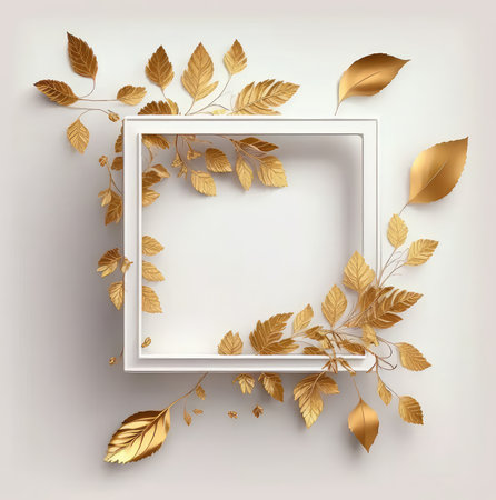 White square frame with golden leaves. Generative AI designの素材