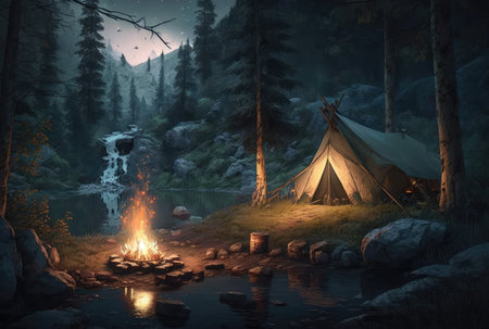 Night forest landscape with tent and campfire. Generative AI designの素材