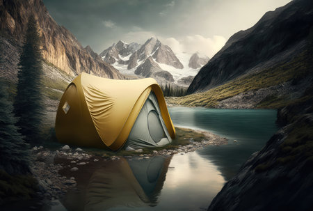 Mountain landscape with camp tent. Generative AI designの素材