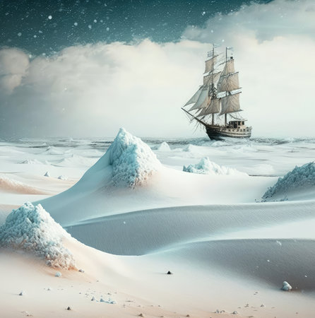 Sailing ship in the winter snowy sea. Generative AI drawingの素材