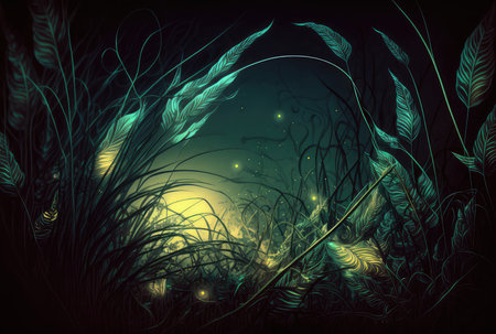 Shiny glowing magical grass and leaves close-up. Generative AI designの素材