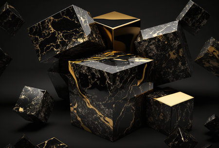 Abstract black golden marble cubes geometric background. Generative AI designの素材