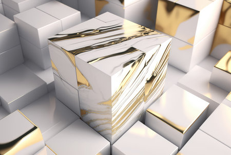Abstract white golden marble cubes geometric background. Generative AI designの素材