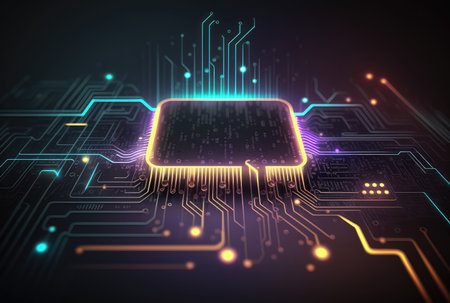 Glowing neon circuit board chip tech background. Generative AI designの素材