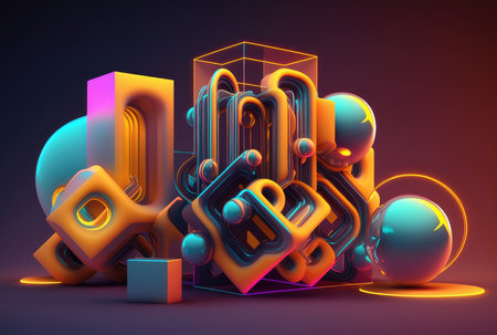 Retro neon glossy geometric shapes abstract background. Generative AI designの素材