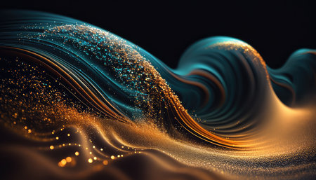 Golden blue smooth waves and shiny particles abstract background. Generative AI designの素材