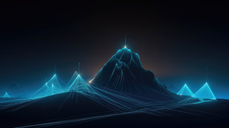 Blue laser schematic mountains futuristic background. Generative AI designの素材