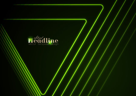 Green glowing neon triangles abstract tech background. Geometric vector designのイラスト素材