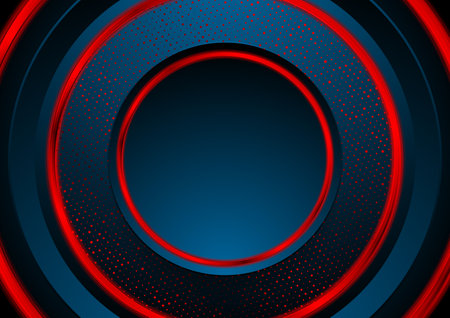 Dark blue round background with dots and red glossy rings. Geometric vector designのイラスト素材