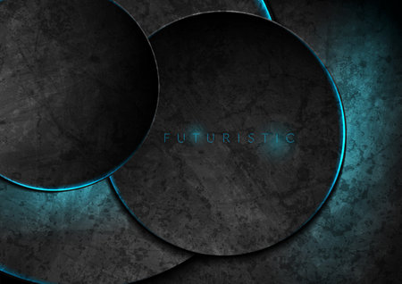 Black grunge tech circles with blue neon lights abstract background. vector designのイラスト素材
