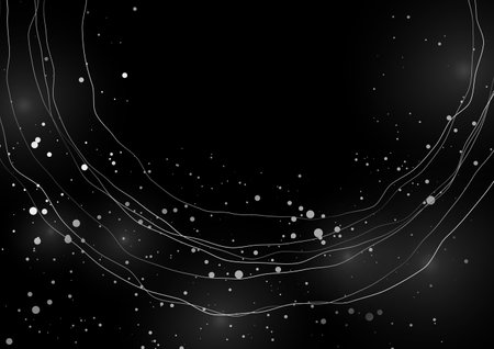 Abstract gray silver wavy lines and shiny dots on black background. vector designのイラスト素材