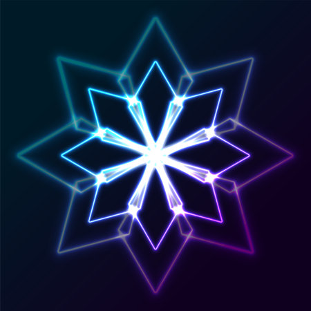 Blue purple neon geometric snowflake abstract glowing Christmas background. vector winter designのイラスト素材